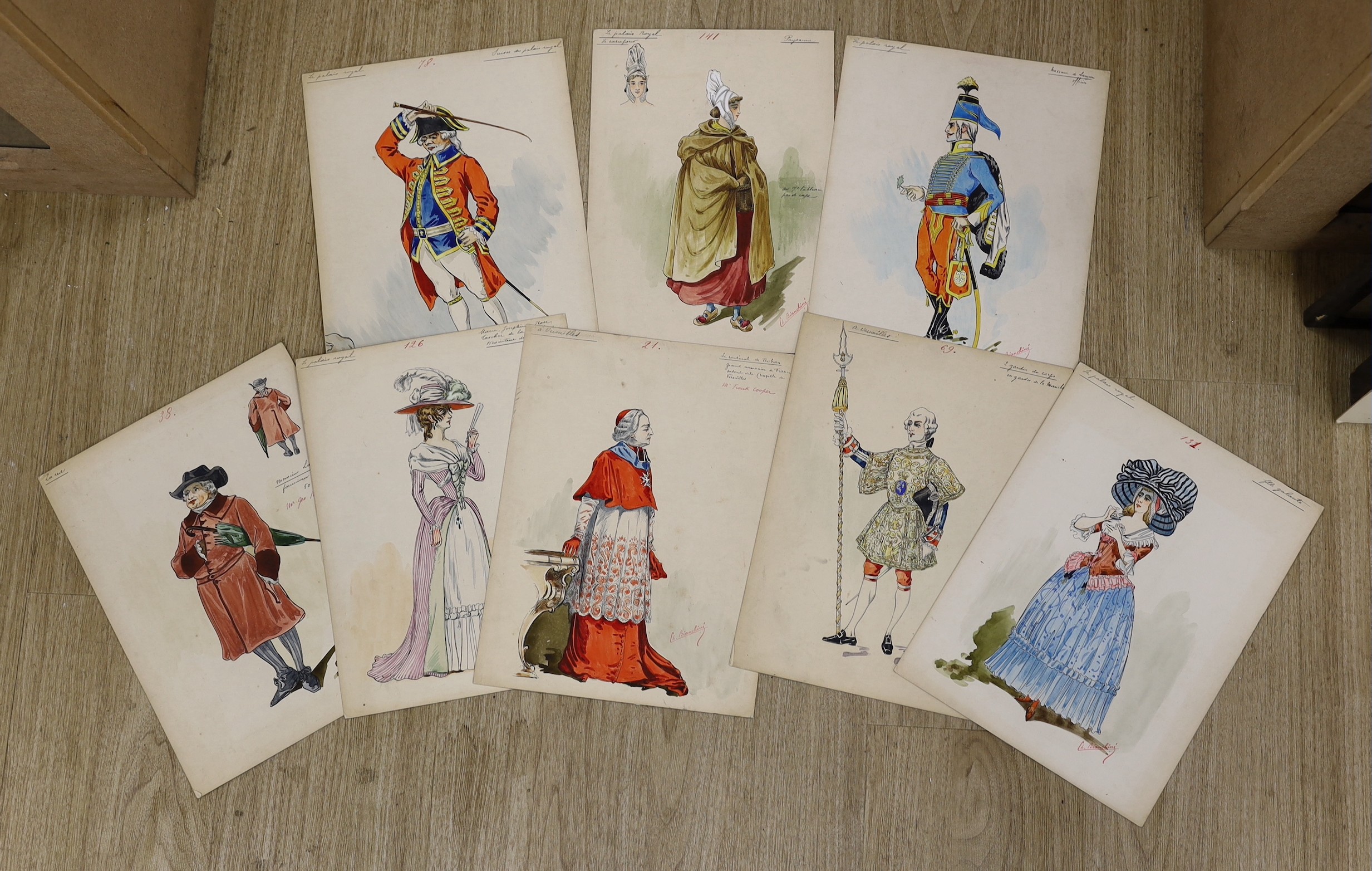 Charles Bianchini (1860-1905), eight ink and watercolour costume designs for The Royal Necklace, London 1901, signed and annotated, largest 31 x 24cm, unframed